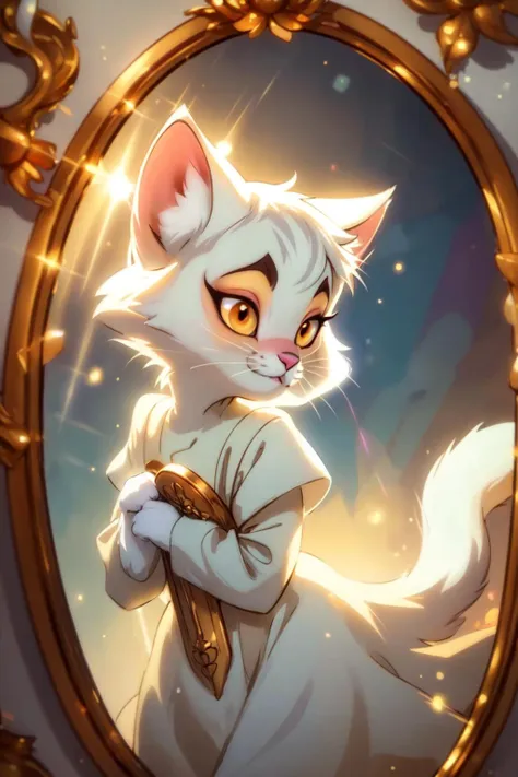 a close up of a cat in a mirror with a gold frame