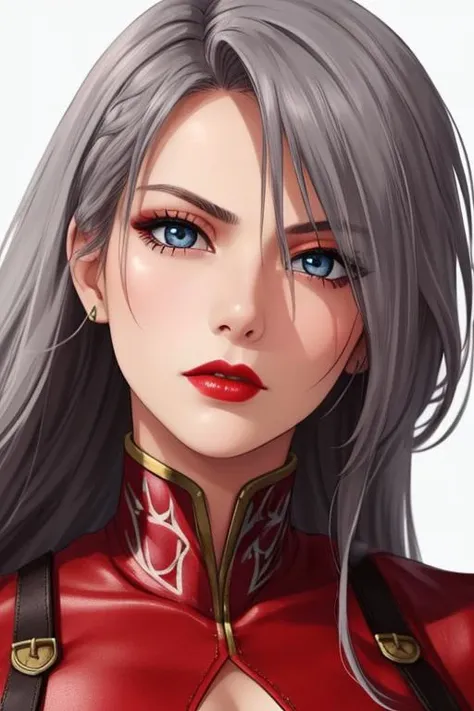 a woman with long gray hair and blue eyes wearing a red jacket