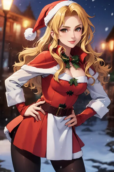 masterpiece, best quality, brigid, santa dress, hand on hip, pantyhose, winter, snow, cowboy shot, looking at viewer, smile <lora:brigid-nvwls-v1:0.9> <lora:Santa Dress_v1:0.9>