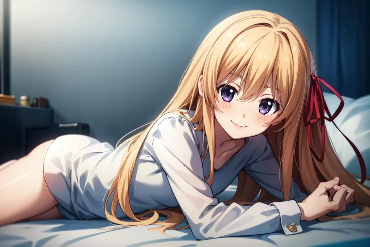 KurusuNono/(CHAOS;CHILDS/) ,looking at viewer, blonde hair,long hair, hair ribbon,   nose blush,  <lyco:KurusuNonoV0.1:0.6>,smile,purple eyes,1girl, solo,indoors,white shirt,blue eyes, lying,