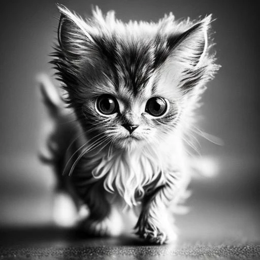 a black and white photo of a kitten walking on a floor