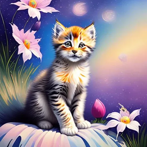 painting of a kitten sitting on a flowered rock with a sky background