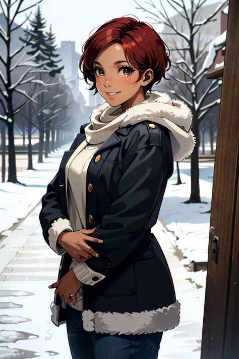 ((ultra detailed, masterpiece, absurdres))
<lora:DPDIMJamie:0.9>
DPDIMJamie, 1girl, dark skin, brown eyes, short hair, red hair, in a winter wonderland, cowboy shot, winter clothing, smile