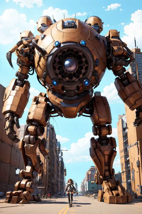 a close up of a giant robot on a city street