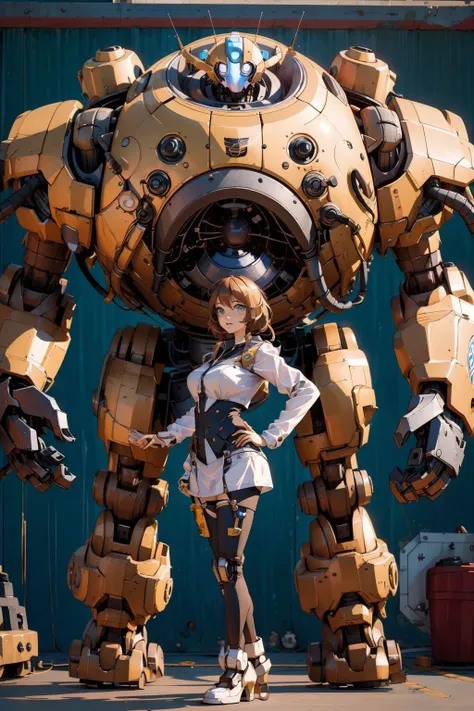 a woman standing next to a giant robot made of cardboard