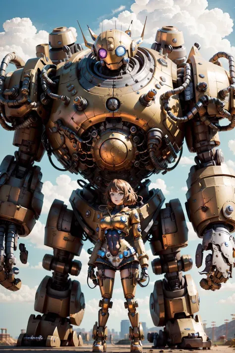 a woman standing next to a giant robot in a field