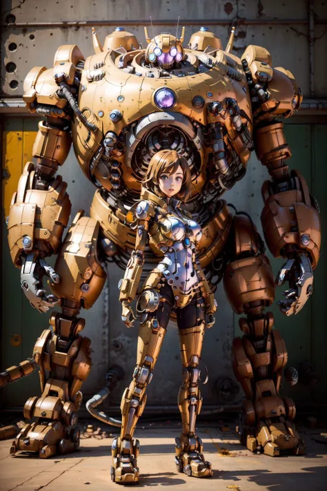 a woman in a costume standing next to a giant robot