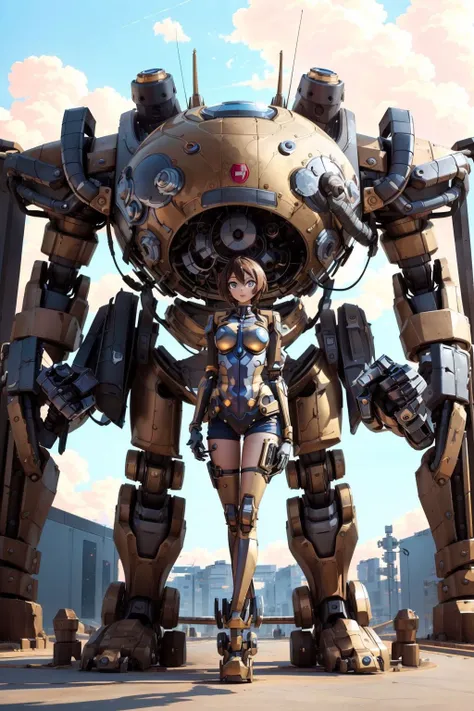 a close up of a woman standing next to a giant robot