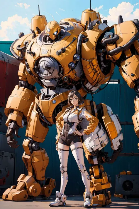 a close up of a person standing next to a giant robot