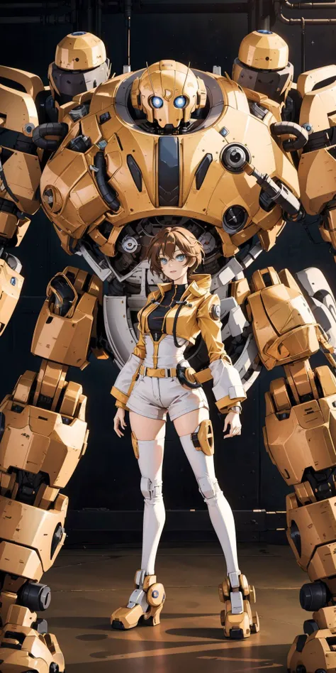 a close up of a woman standing in front of a giant robot