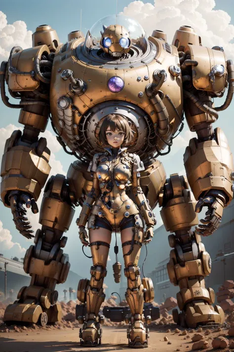 a woman in a futuristic suit standing next to a giant robot