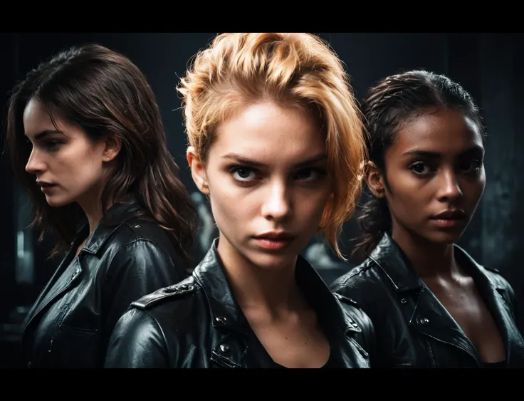 three women in leather jackets standing in a dark room