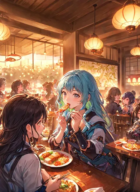 <lora:Granblue_Collection_XL_-_Illustration:1.15> pastel colors, hero party eating at japanese restaurant, (masterpiece), best quality, highres, 4k, 8k,  cinematic lighting, amazing quality, amazing shading, soft lighting, Illustration, official artwork, a...