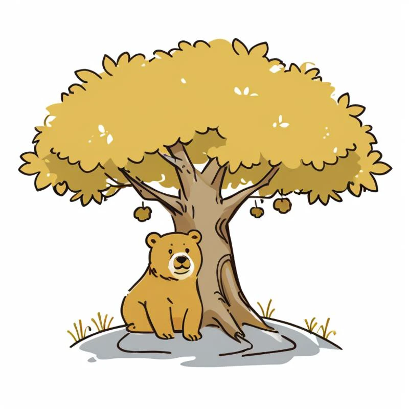 a cartoon bear sitting under a tree with a white background