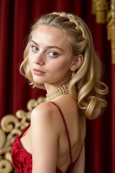 women russian, blonde hair, Frauen of Russia,  vintage expensive dress, deep neckline, short hair, russian palace, wide skirt, long skirt, Straight parting, Curled curls at the temples, Luxuriously styled hair at the beginning of the century, Smoothly comb...