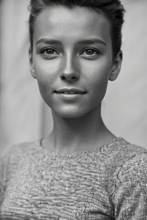 a black and white photo of a woman with a sweater on