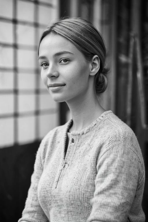 a black and white photo of a woman sitting on a bench