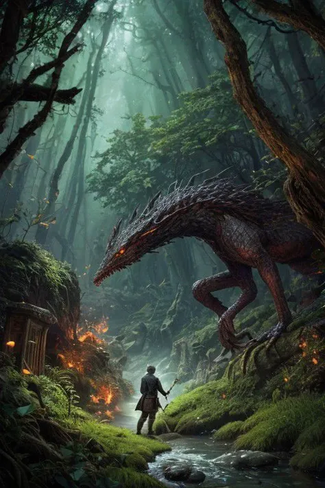 a man standing in the woods with a dragon on his back