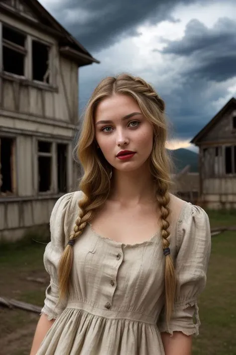 ((beautiful_woman)), (((slavonic_woman_students))), blonde, (((18 yo))), ((linen old leaky dress)), ((tattered simple vintage dress)), ((small nose)), sexy pose, muscular, ((thin lipstick)), ((beautiful face)), ((thin eyebrows)), braid, wave hair, sky, ((...