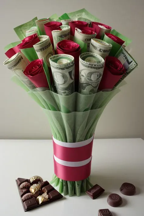 money bouquet, made of money instead of flowers, rolled up money, chocolates