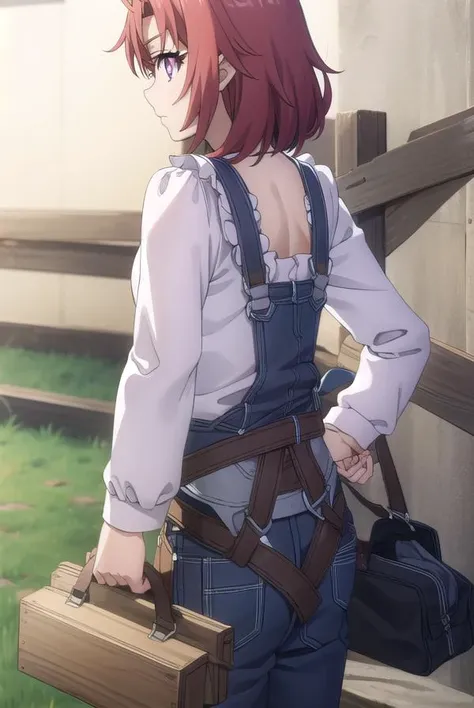 cowgirl, <lyco:cowgirls2-lyco-nochekaiser:1>, 
cow girl, ahoge, red hair, (purple eyes:1.1), short hair,
BREAK cleavage, collarbone, frills, long sleeves, overalls, suspenders,
BREAK outdoors, farm,
BREAK looking at viewer, (cowboy shot:1.5),
BREAK <lyco:G...