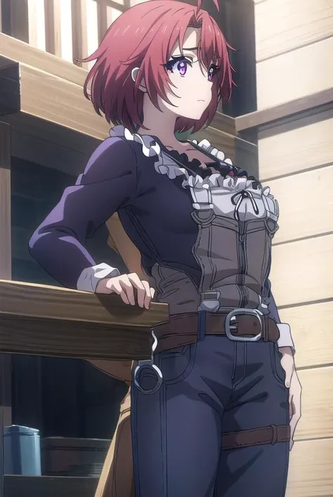 cowgirl, <lyco:cowgirls2-lyco-nochekaiser:1>, 
cow girl, ahoge, red hair, (purple eyes:1.1), short hair,
BREAK cleavage, collarbone, frills, long sleeves, overalls, suspenders,
BREAK outdoors, farm,
BREAK looking at viewer, (cowboy shot:1.5),
BREAK <lyco:G...