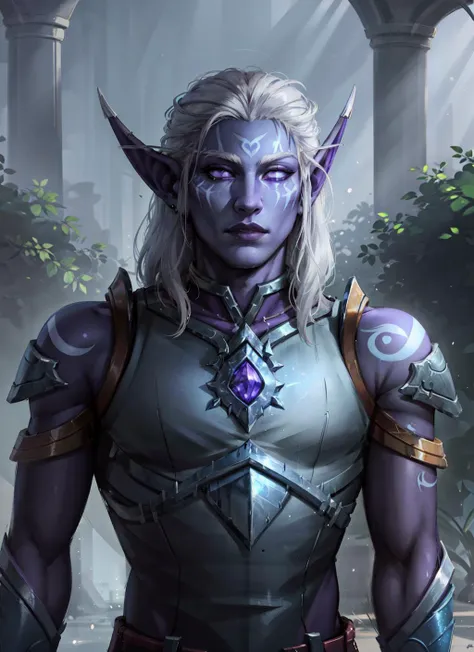 1boy, portrait of henightborne, purple skin, tattoo, facepaint, glowing white eyes, long white hair, silver armor, pauldrons with glowing crystals, athletic, beautiful magic city outdoors, sunlight, rim light, volumetric lighting, best quality, masterpiece...