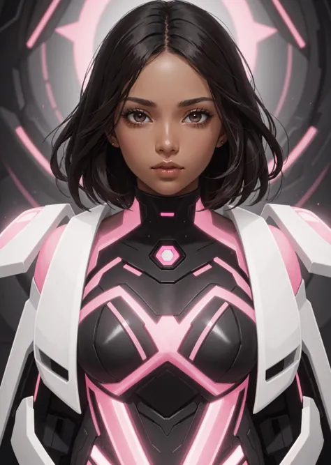 cinematic portrait, young woman with (shoulder-length:0.5) dark skin, brunette hair and hazel eyes, wearing a pink formfitting high-tech futuristic outfit and pants