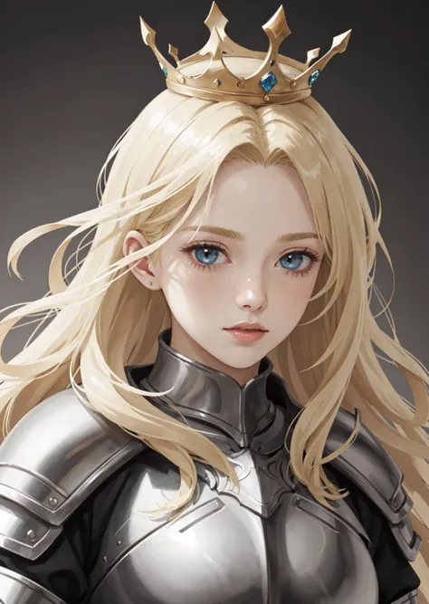 women with blond hair in a knight armor, queen crown