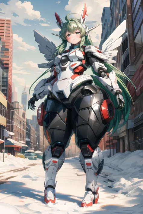 (extremely detailed CG unity 8k wallpaper),(masterpiece), (best quality), (ultra-detailed), (best illustration),(best shadow), masterpiece, best quality, highres, absurdres, green hair, red eyes, bangs,(thick thighs, wide hips), (bottomheavy), mecha musume...