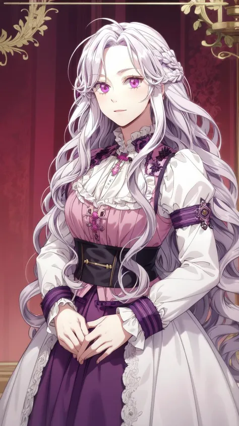 a woman in a purple dress with long white hair and purple eyes