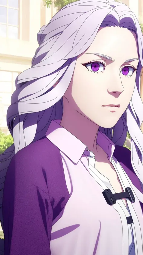 anime girl with long white hair and purple shirt standing in front of a building