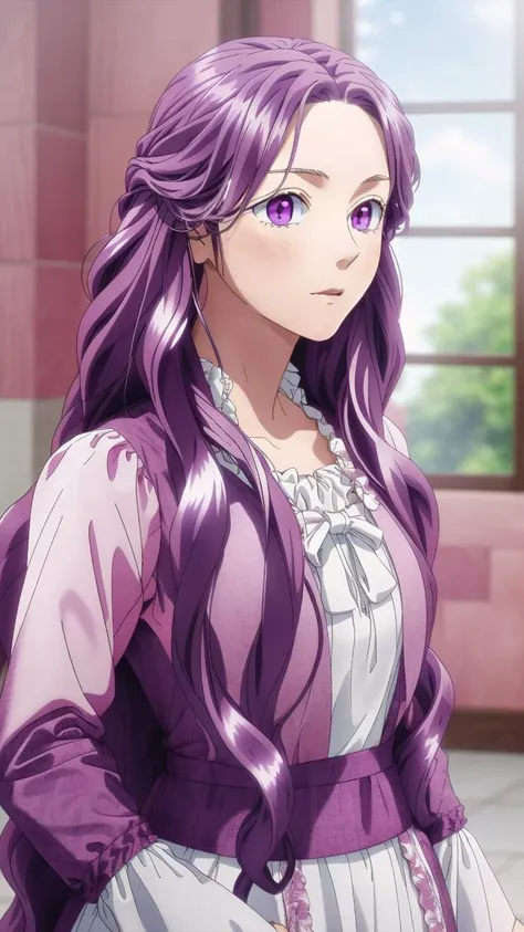 a woman with long purple hair and purple dress standing in front of a window