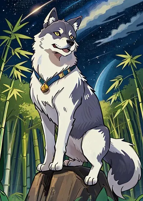 bamboo forest ,(cute),animal focus,night, starry sky, wolf,