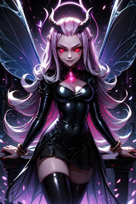 masterpiece,best quality,absurdres,high details,medium shot,<lora:Tasi_AFK_Anime:0.7>,Tasi_AFK,long white hair,fairy,fairy wings,dress,thighhighs,<lora:dark_persona_v1:0.7>,dark_persona_lora,evil smile,(dark persona),evil grin,corruption,corrupted,dark aur...