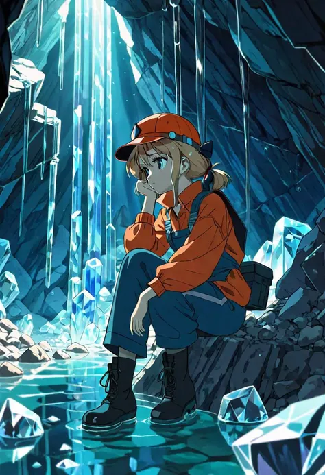 anime screencap, thick outline, girl sitting next to a crystals mine submerged in clear water in bad ragged miner clothes, sad mood, stylized 80s anime, 1980s style, (cinematic depth of field effect)