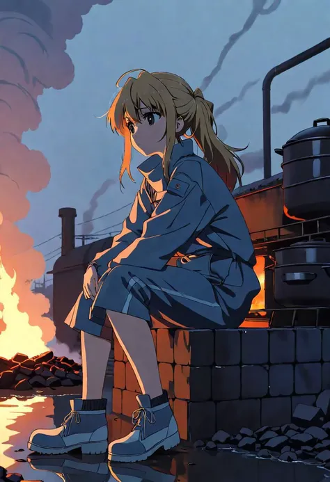 anime screencap, thick outline, girl sitting next to a black coal oven rushed and in water in bad ragged work clothes, sad mood, foggy breath with steam and fog in the background, stylized 80s anime, 1980s style, (cinematic depth of field effect)