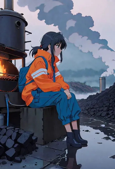 anime screencap, thick outline, girl sitting next to a black coal oven rushed and in water in bad ragged work clothes, sad mood, foggy breath with steam and fog in the background, stylized 80s anime, 1980s style, (cinematic depth of field effect)