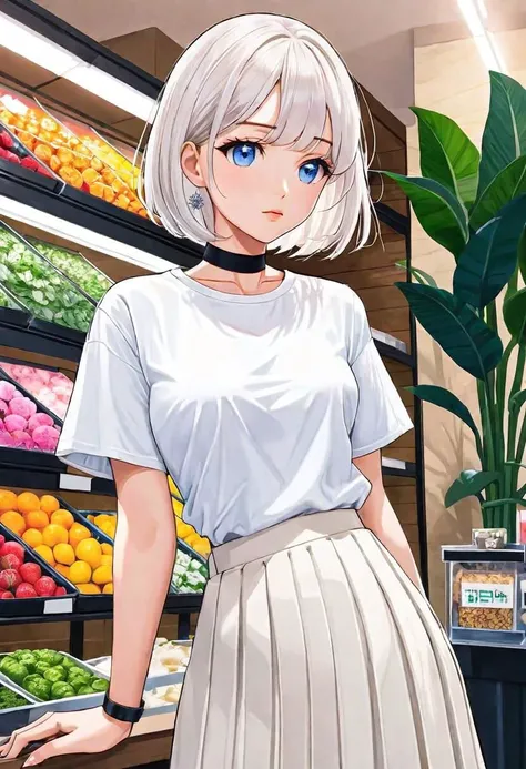 illustration, sold out flower shop, 1girl, solo, looking away, white hair, bob cut, slanted blue eyes, black choker, small breasts, black T-shirt with logo, white pleated long skirt,