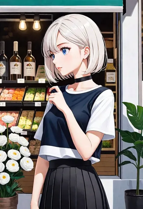 illustration, sold out flower shop, 1girl, solo, looking away, white hair, bob cut, slanted blue eyes, black choker, small breasts, black T-shirt with logo, white pleated long skirt,