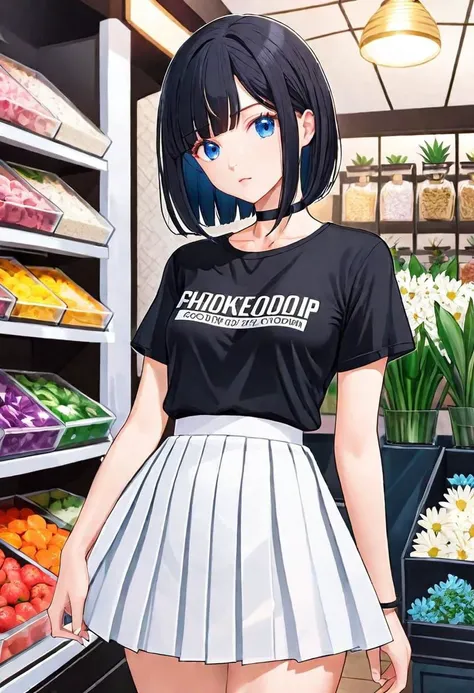 illustration, flower shop, 1girl, solo, looking away, white hair, bob cut, slanted blue eyes, black choker, small breasts, black T-shirt with logo, white pleated long skirt,