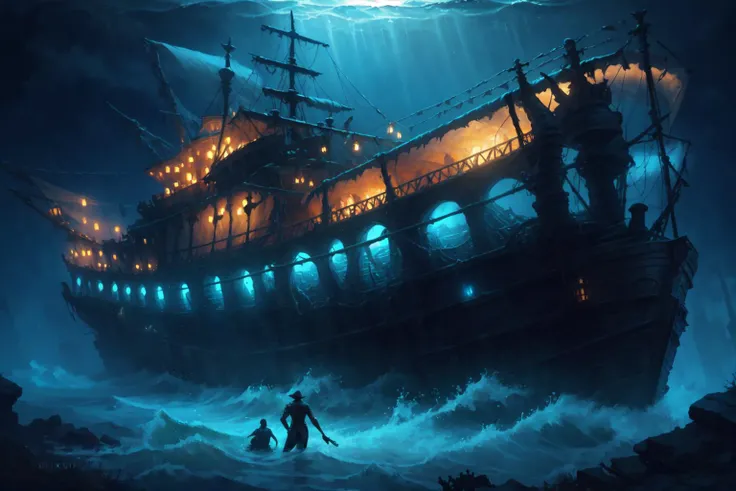 epic fantasy oil painting by nixeu, pixar, (underwater sunken ship at sea during a storm and waves:0.9), delicate decorations, comic artist, [wlop:watercolor::mean], depth of field, chromatic aberration, dark night, depth of field, digital art with [3D::0....