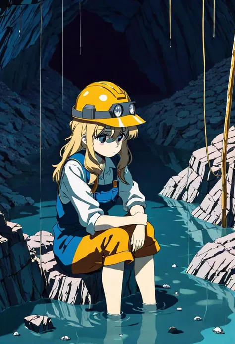 anime screencap, thick outline, girl sitting next to a gold mine submerged in clear water in bad ragged miner clothes, sad mood, stylized 80s anime, 1980s style, (cinematic depth of field effect)