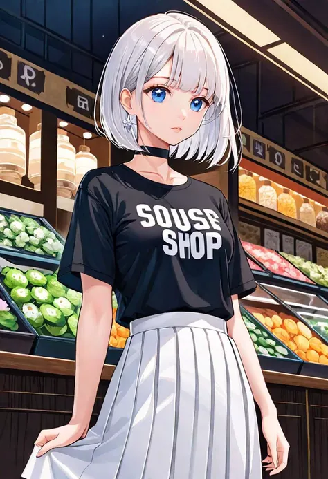 illustration, sold out flower shop, 1girl, solo, looking away, white hair, bob cut, slanted blue eyes, black choker, small breasts, black T-shirt with logo, white pleated long skirt,