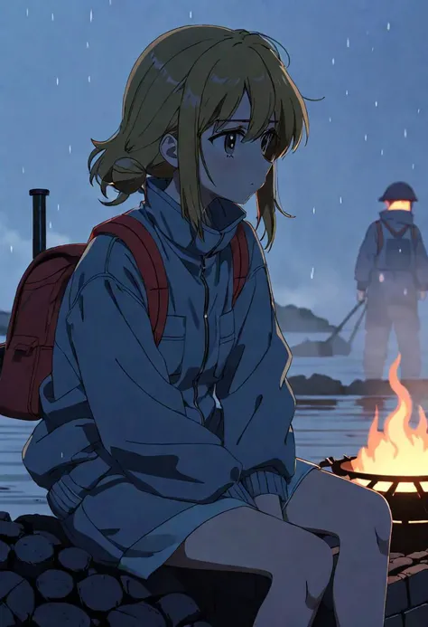 anime screencap, thick outline, girl sitting next to a black coal oven rushed and in water in bad ragged work clothes, sad mood, foggy breath with steam and fog in the background, stylized 80s anime, 1980s style, (cinematic depth of field effect)