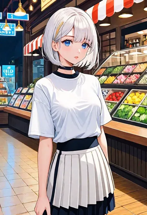 illustration, sold out flower shop, 1girl, solo, looking away, white hair, bob cut, slanted blue eyes, black choker, small breasts, black T-shirt with logo, white pleated long skirt,