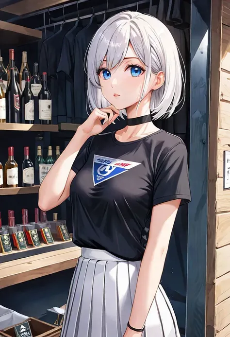 illustration, silent honor shop with dirty and broken, 1girl, solo, looking away, white hair, bob cut, slanted blue eyes, black choker, small breasts, black T-shirt with logo, white pleated long skirt,