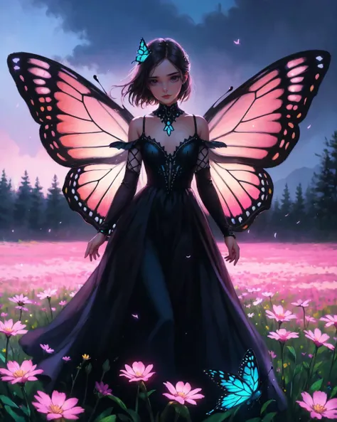 oil painting by nixeu, (pixar butterfly girl, flower field:0.9), delicate decorations, comic artist, [wlop:watercolor::mean], glowing, depth of field, chromatic aberration, dark night, depth of field, digital art with [3D::0.4] depth and depth of field, [b...