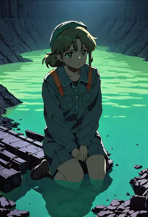 anime screencap, thick outline, girl sitting next to a black coal mine submerged in green water in bad ragged miner clothes, sad mood, stylized 80s anime, 1980s style, (cinematic depth of field effect)