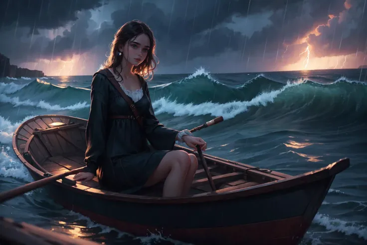 oil painting by nixeu, (handsome pixar woman, sitting in a boat during a storm and waves:0.9), delicate decorations, comic artist, [wlop:watercolor::mean], glowing, depth of field, chromatic aberration, dark night, depth of field, digital art with [3D::0.4...